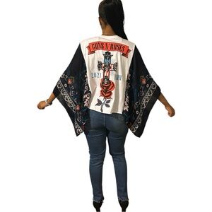NWOT OOAK Upcycled Guns & Roses Graphic Tee Floral Kimono Sleeves Top